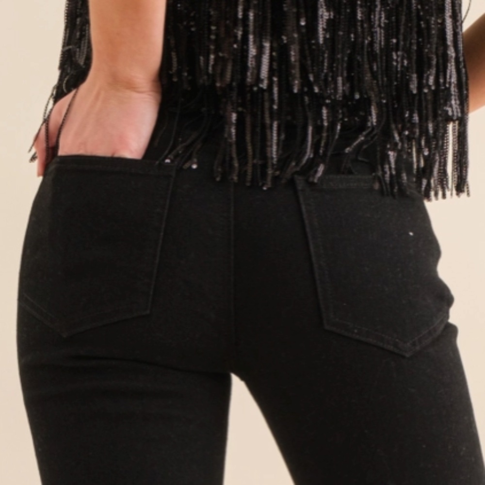 NEW! by Blue B Cotton Stretch Studded Rhinestone Fringe Bell Bottom Jeans Sz SML - Picture 14 of 16